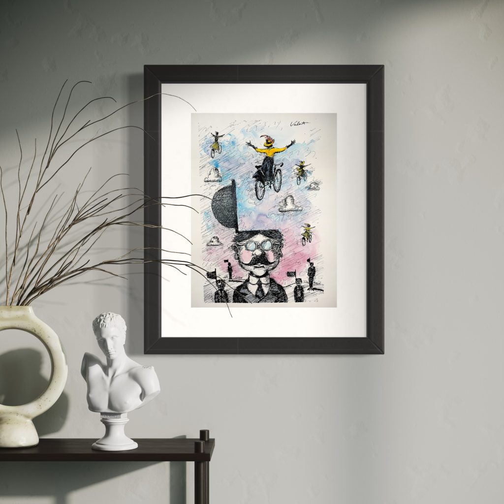 Freedom 1900_framed sq - Michael Valenti Framed watercolor-style illustration of people riding bicycles on a hill, mounted on a white mat in a black frame against a gray wall.