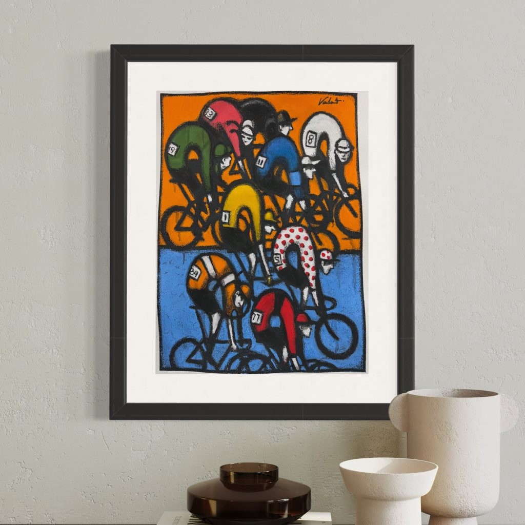 Peloton 1_framed sq - Michael Valenti Abstract painting with a bold orange background and overlapping multicolored figures; signature visible in the top right corner.